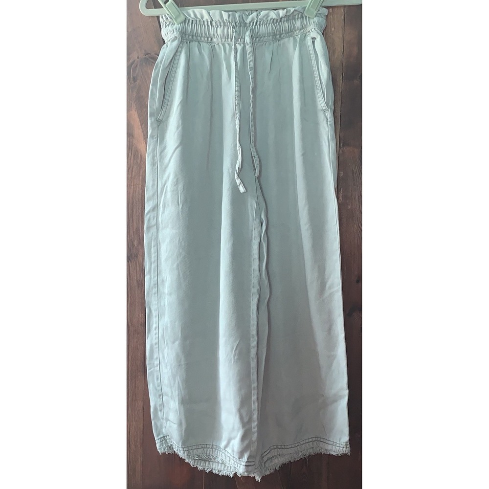 C&C Linen Lyocell Pants Women XS Olive Drawstring Cropped Coastal Baggy Raw Hem